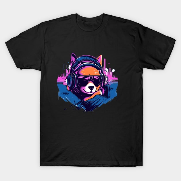 Shiba Inu wears headphones - synth wave style T-Shirt by ro83land